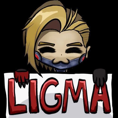 an emote of a chibified Caliburn holding up a sign that says ligma in bold red letters