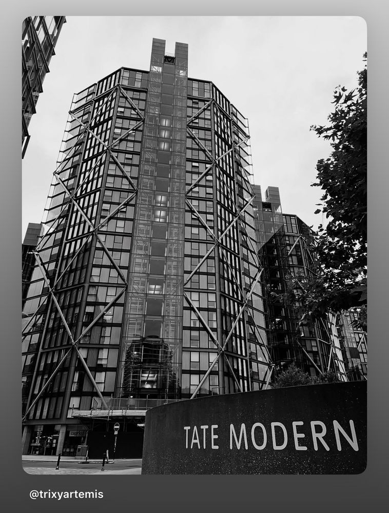 Black and white photograph of a modern high-rise building near the Tate Modern in London. The image shows a tall glass and steel structure with an intricate exoskeleton of diagonal metal crossbeams that form a geometric pattern on its façade. The central section of the building features a vertical glass column housing what appears to be lift shafts. The perspective looks upward from street level, emphasizing the building’s height and architectural symmetry. In the foreground, a curved stone wall bears the engraved words “TATE MODERN” in large, clean capital letters. Part of a leafy tree appears on the right side of the image, softening the otherwise industrial composition. The sky above is cloudy and muted, adding a dramatic contrast to the sleek lines of the structure.