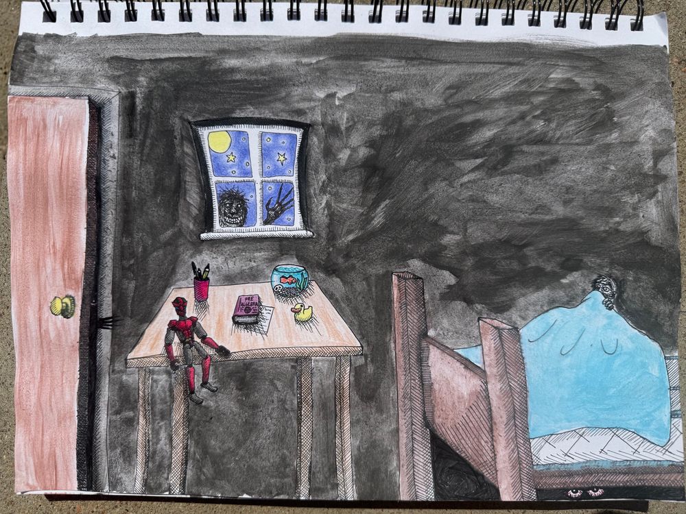 A child's room, bathed in darkness. The kid hides under the sheets. Monsters can be seen in the closet, window, and under the bed. A small desk sets in the center of the room; with a rubber ducky, action figure, and goldfish faithfully standing guard. Drawn in pen and colored marker, colored in pencil and watercolor; using a messy children's-illustration style