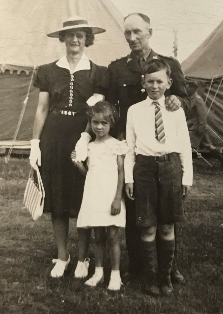 MacNaughton Family
Grace, Archie, Margaret and Francis MacNaughton at training camp in Woodstock, New Brunswick.
(courtesy of the family of Major J. Archie MacNaughton)
From The Canadian Encyclopedia https://www.thecanadianencyclopedia.ca/en/article/archie-macnaughton