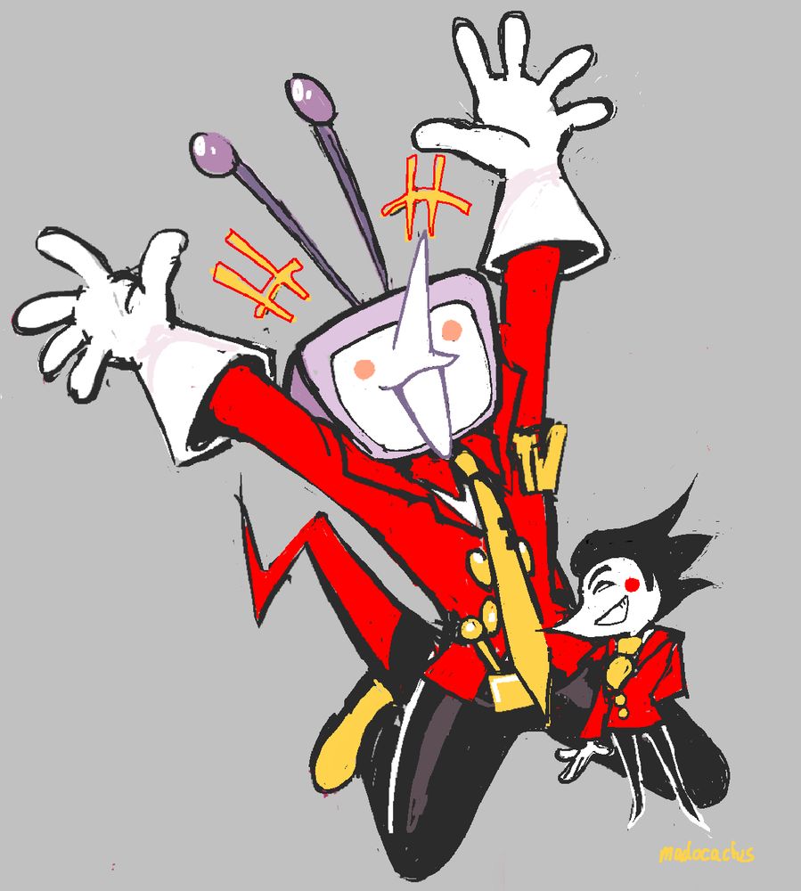 tenna raising his arms up in delight. spamton is next to him smiling smugly