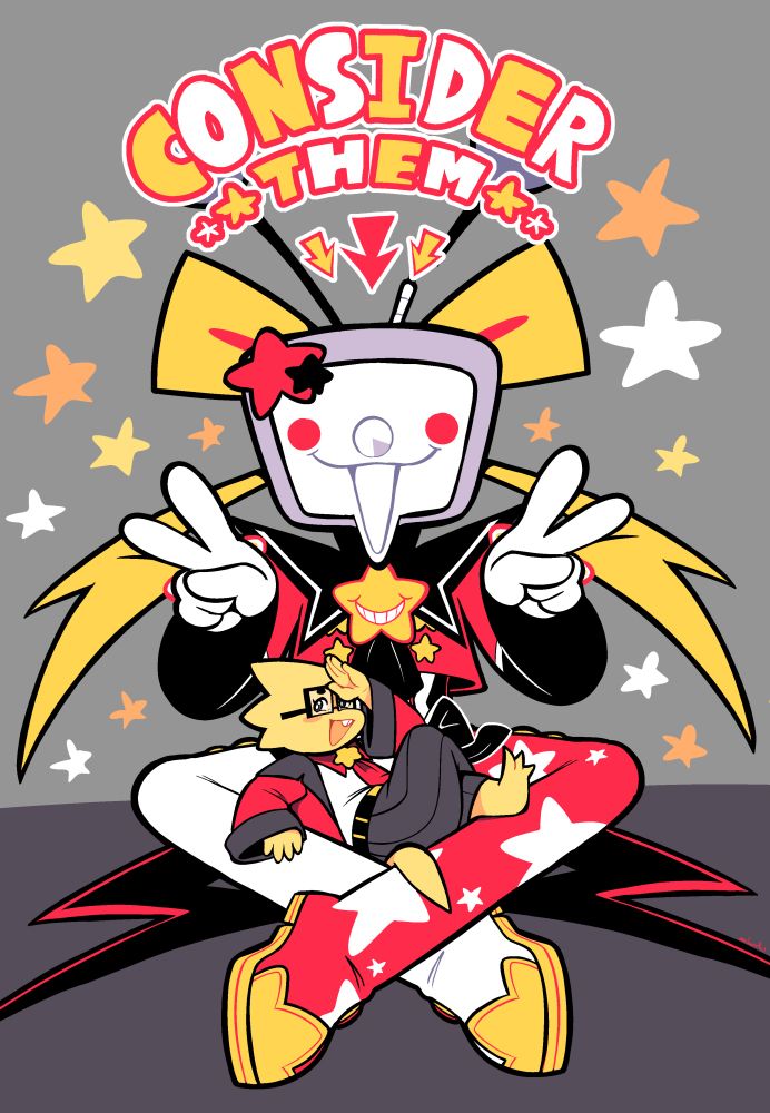 A picture of Tenna and Alphys sitting together. Tenna is cross-legged, smiling and giving a double peace-sign. Alphys is nestled in his lap and grinning. In large text above, the text says, “Consider them!”