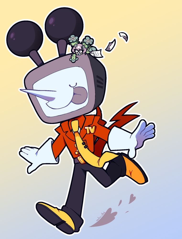 tenna running cheerfully on stage - tongue stuck out. mado clings to his head, papers flying everywhere