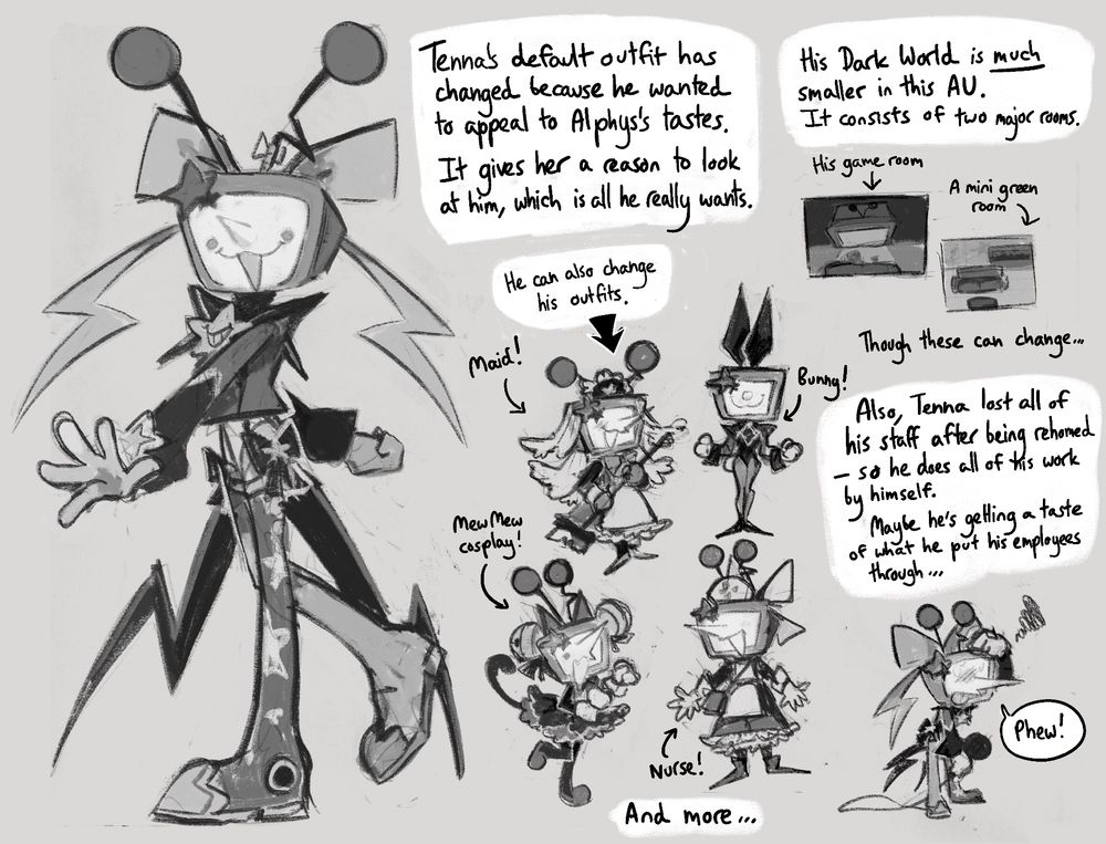 Tenna’s default outfit has changed because he wanted to appeal to Alphys’s tastes. It gives her a reason to look at him, which is all he really wants.

He can also change his outfits. (Maid! Bunny! MewMew cosplay! Nurse! And more…)

His Dark World is much smaller in this AU. It consists of two major rooms: his game room and a mini green room. Though these can change…

Also, Tenna lost all of his staff after being rehomed - so he does all of his work by himself. Maybe he’s getting a taste of what he put his employees through… Phew!