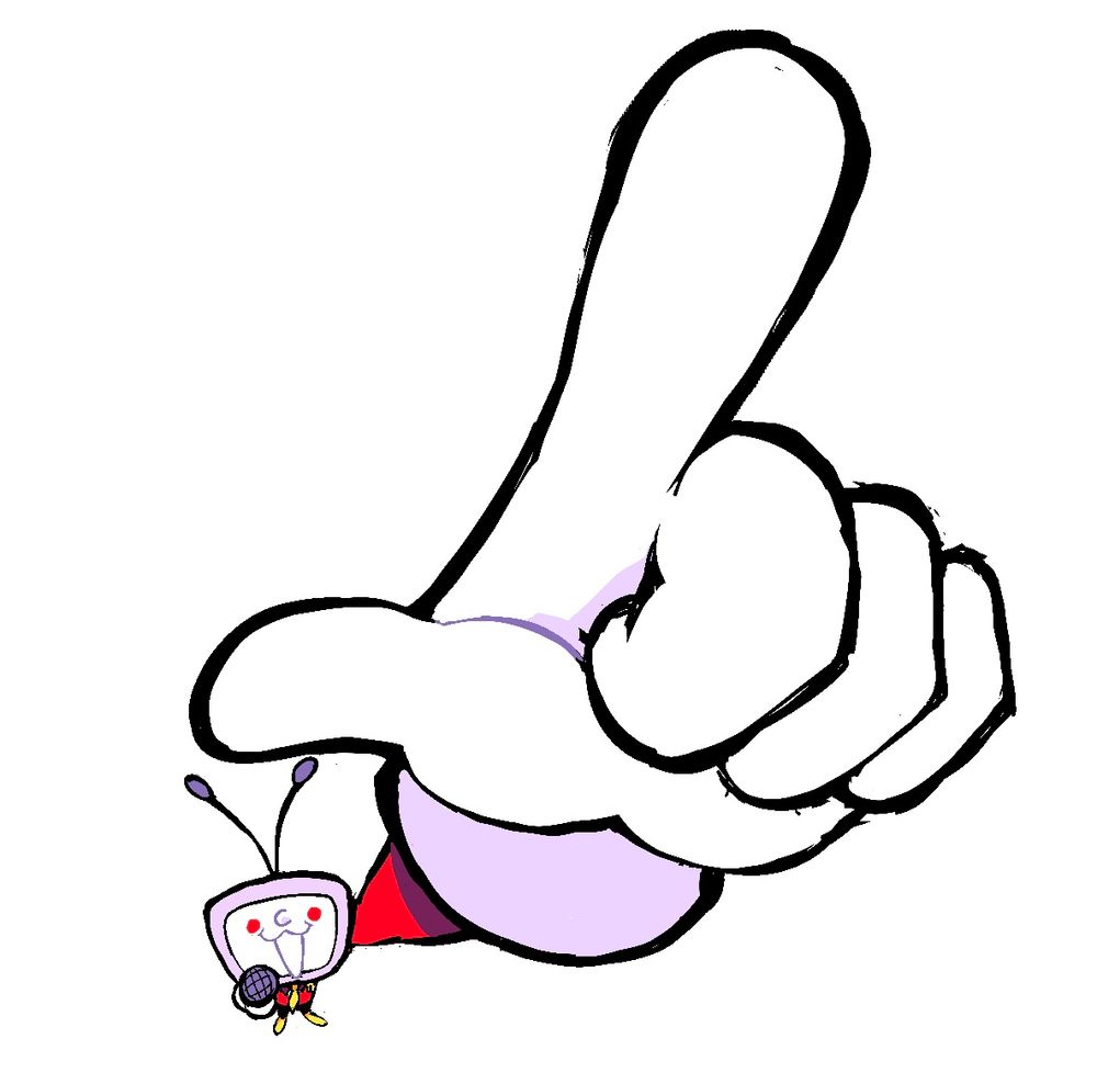 tenna pointing at the viewer. the perspective is super distorted, so his hand is very large (and pointing)