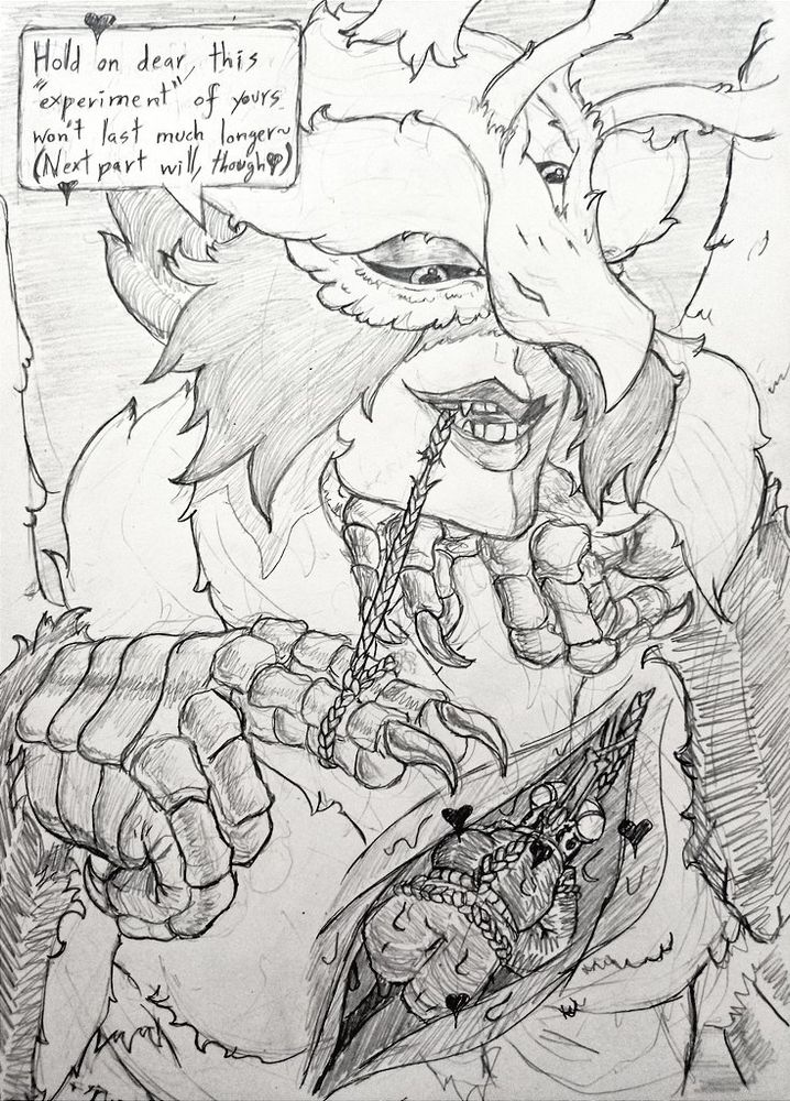 [Part 1 of 3] Nadol (a three eyed harpy) sultrily looks at a slowly fraying leash that's connected to her mouth, which she's holding with their left hand.
Her right hand sits still below their face, palm down.
Below both hands is an internal shot of their throat, which shows an anthropomorphic mantis shrimp, tied up with the aforementioned leash.
Nadol also has a dialogue box, which reads: "Hold on dear, this "experiment" of yours won't last much longer~ (Next part will, though-)