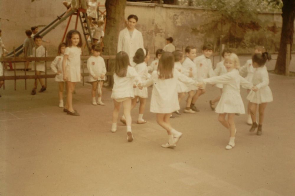 Picture of a kindergarten class playing outside, circa 1966, Argentina. I was the only blond haired kid in the class and was welcomed with open arms. 