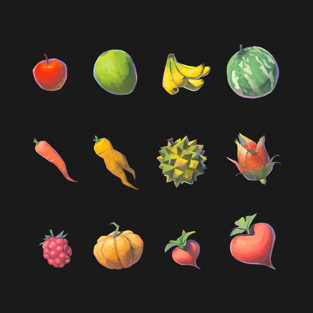 12 Zelda item digital painting studies laid out in a grid on a dark background. Left to right: Apple, Palm fruit, Mighty Bananas, Hydromelon, Swift Carrot, Endura Carrot, Hearty Durian, Voltfruit, Wildberry, Fortified Pumpkin, Hearty Radish, Big Hearty radish