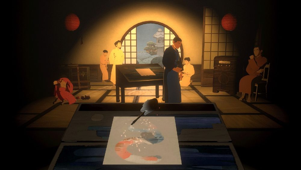 A screenshot from the VR experience The Book of Distance. The player's hand in VR is making brush strokes on a page to reveal water colour art. There is a Japanese family relaxing in a cozy warmly lit home in front of a round door that looks out on to a garden. The whole scene is lit and composed to look like a theatre set. 