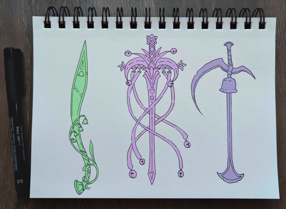 3 Swords in my sketchbook ink in, pen for scale. Sword 1 - A curved art deco blade with lily of the valley motifs, Sword 2 - A jester's sword with a hilt that looks like a jesters hat and ribbons hanging down the wrap around the blade with bells on the end. Sword 3 - The horizontal part of the hilt is a scythe blade. The Blade of the sword is coming out of a bell ---like its the uh dangly part of the bell... the hammer maybe? 