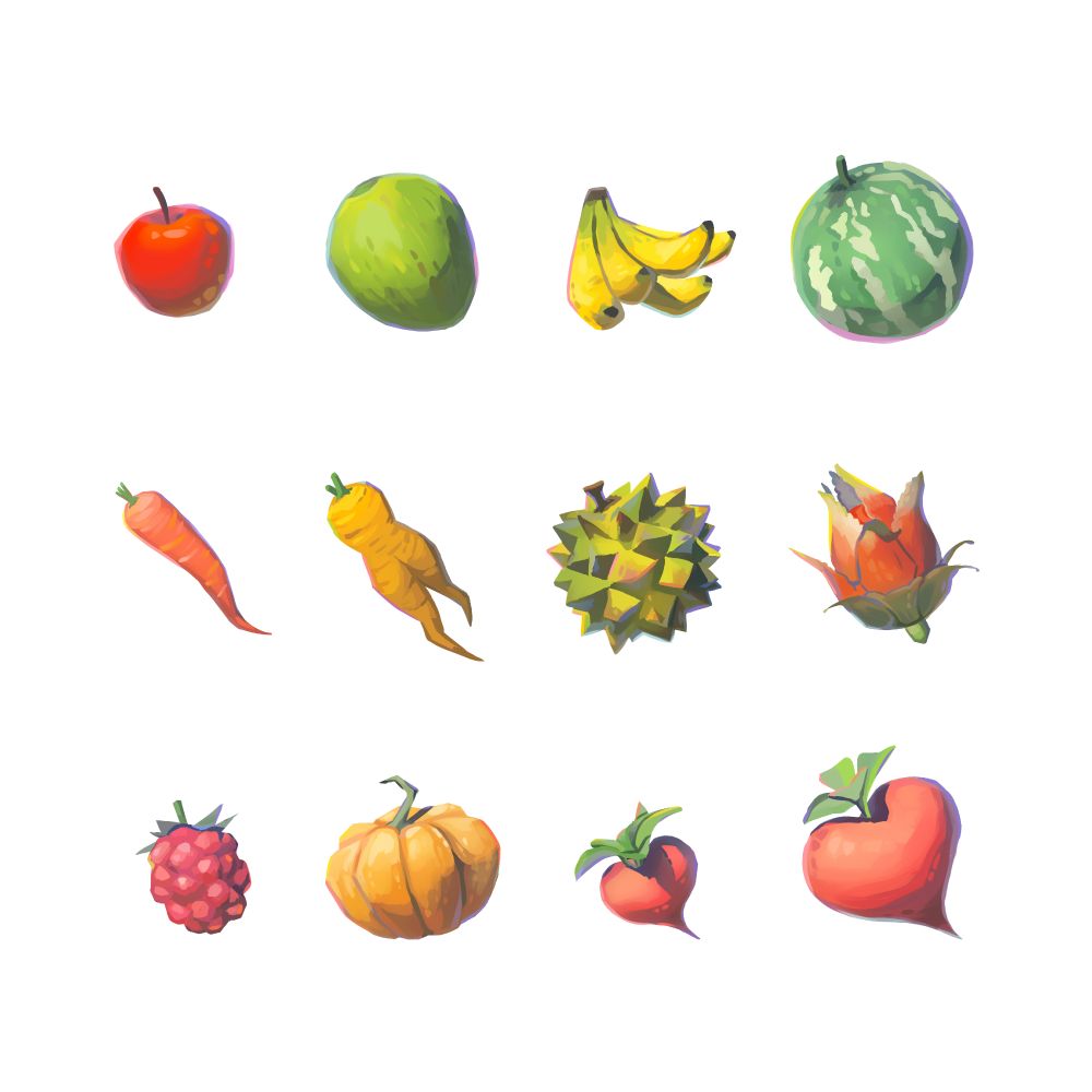 12 Zelda item digital painting studies laid out in a grid on a light background. Left to right: Apple, Palm fruit, Mighty Bananas, Hydromelon, Swift Carrot, Endura Carrot, Hearty Durian, Voltfruit, Wildberry, Fortified Pumpkin, Hearty Radish, Big Hearty radish