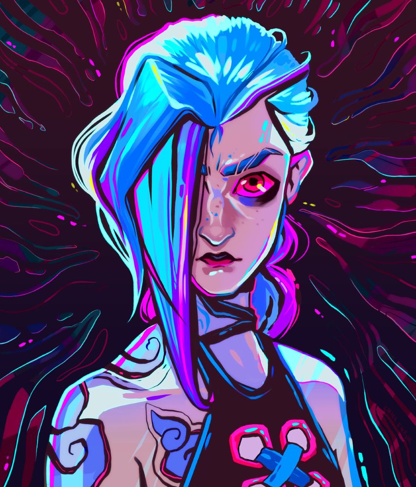 Fan art of Jinx from Arcane in my artstyle. The pose is the classic Jinx stare, head tilted down with bangs covering her face. The image is highly stylized with swirling lines radiating from jinx. The Portrait features a mix of rendering and line work as well as pops of bright saturated colour. The whites of her eyes are hot pink. 