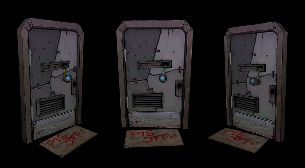 A 3D turnaround of a door in the style of Borderlands. There is a robot eye dangling from the peephole of the door. The door knob has been torn or shot off. There is a welcome mat where someone has painted "PIS OFF" over the word welcome in red paint. 