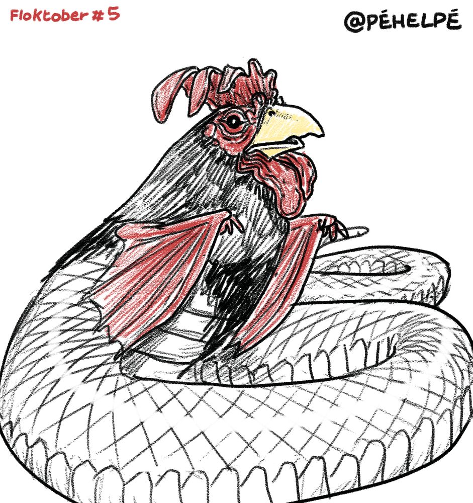 Floktober numero 5 sur le thème de l'animal Hybride. Le dessin représente un cop à aile de chauve-souris et corps de serpent.