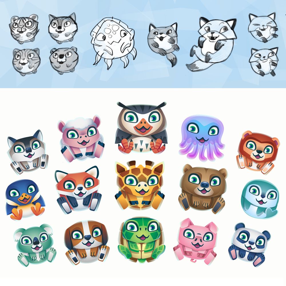 Des avatars d’animaux stylisés (et les premiers concept arts de ces avatars) réalisés en 2019 pour un jeu mobile