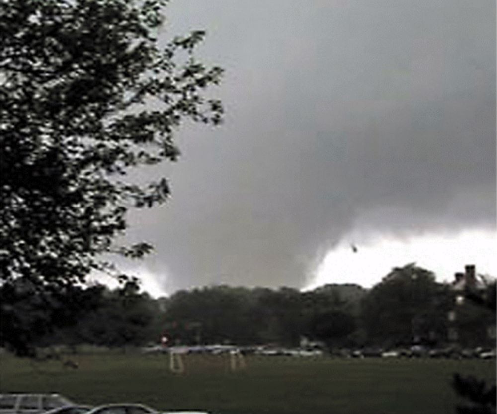 A large tornado moves across the University of Maryland campus in College Park, Maryland 