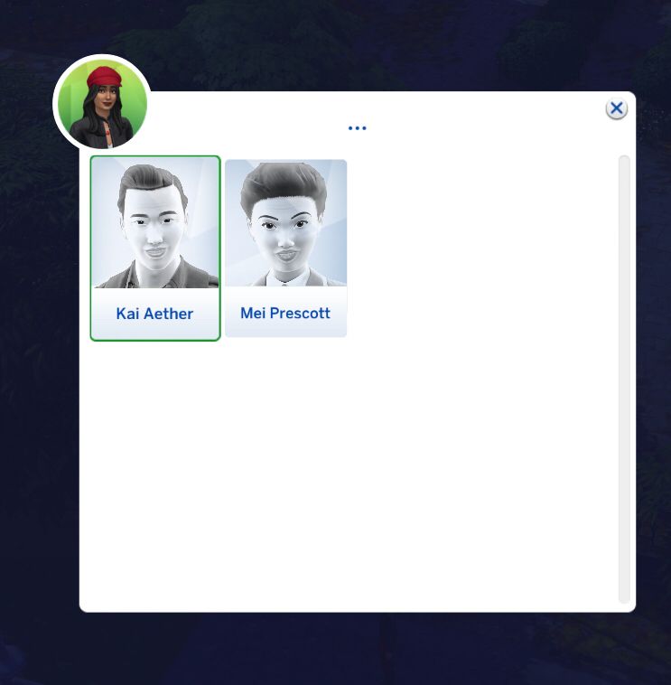 Sim Picker menu with portraits of the Sims and their names that are buried at the cemetery