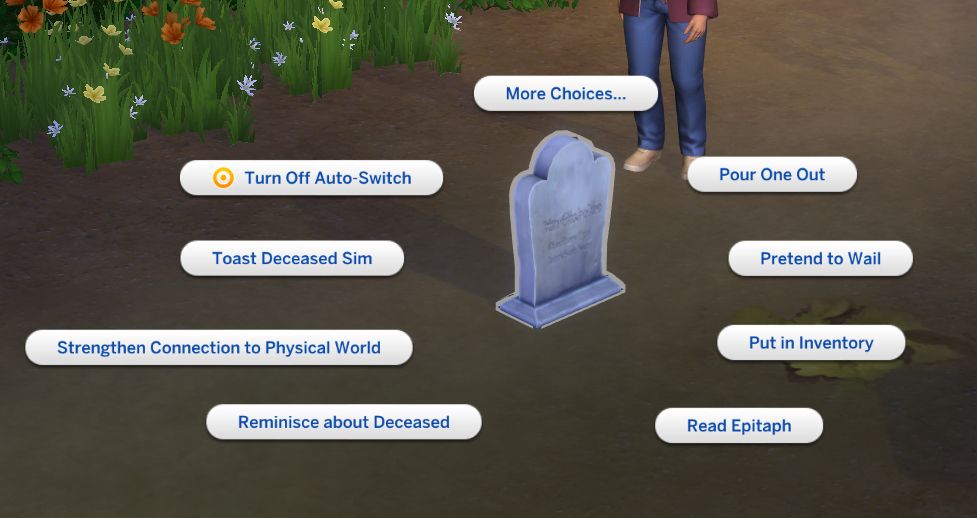 Interactions on a tombstone with all the funeral interactions unlocked