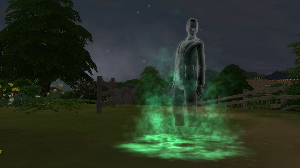 Ghost Sim surrounded by a green cloud of smoke
