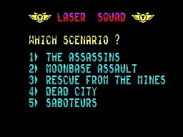 The title screen from "Laser Squad" for the ZX Spectrum, listing five different scenarios to play. I favoured number 2, "Moonbase Assault."