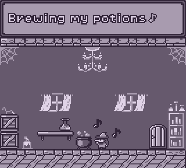 Pixel art of a witch in a mansion singing a song about brewing potions.