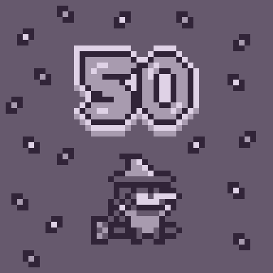 Pixel art of a witch with the number 50 above her.