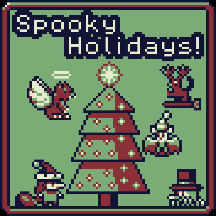 Pixel art of multiple characters standing around a Christmas tree, with the caption: "Spooky holidays!"