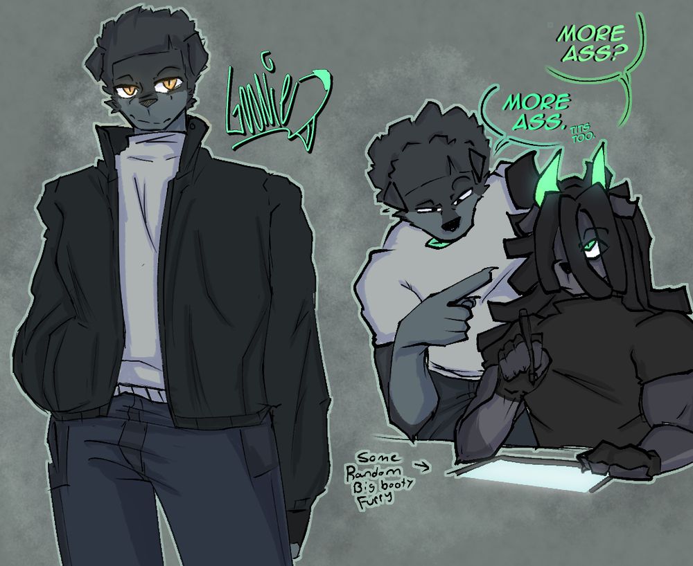 The Left Drawing is Goon is depicted standing in a relaxed stance, dressed in casual clothing with one hand resting in his pocket, giving off a laid-back vibe.

The Right Drawing is Goon is in full director mode, telling Ven to give the "Big Booty Furry" character an even bigger ass and to make the tits huge too—really driving the point home. It’s serious business.