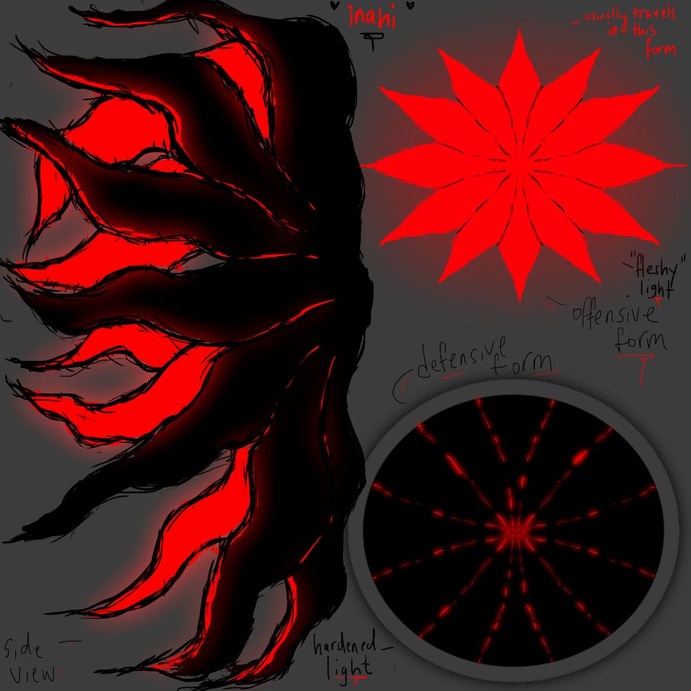digital illustration of inahi in its evolved form. it is an entity whose shape mimics the shape of a sunflower sea star. it has twelve appendages and its interior is bright red while its exterior is black. it is able to switch between an open form and enclosed form for offensive and defensive formations