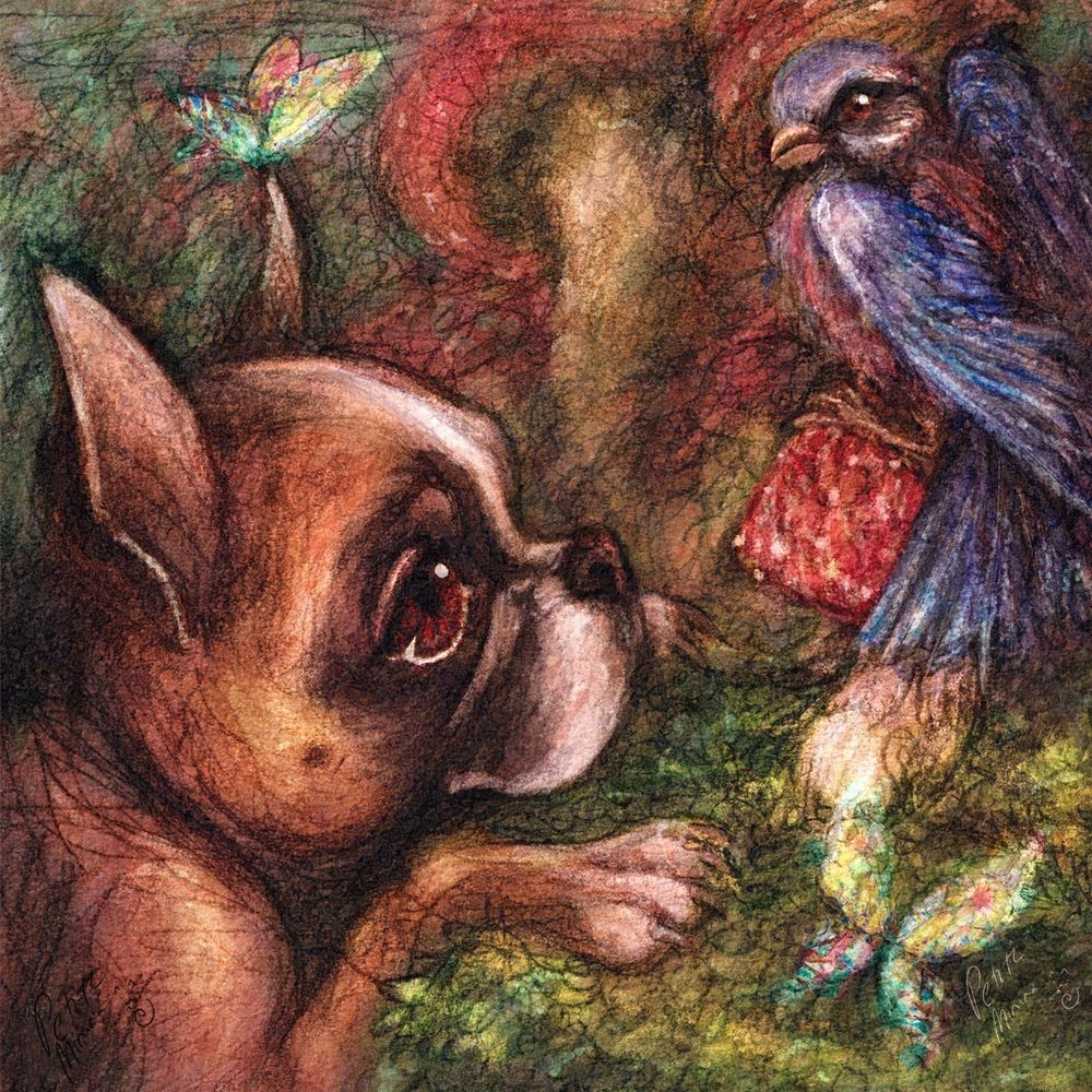 Square format pet portrait of a masked-fawn Boston Terrier dog, mourningly staring at a (mostly blue) bird on a toadstool, on a ground covered by moss and more mushrooms. Two seemingly identical butterflies make also part of the composition of the art piece. 2022.