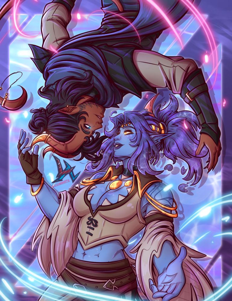 A couple piece presenting a red tiefling and a water genasi. The tiefling is falling from the sky, reaching over for his love. The genasi is reaching out in open arms, ready to catch that forward flip momentum. Despite the flipped POV between them, their eyes are locked on to each other. Unwavering.