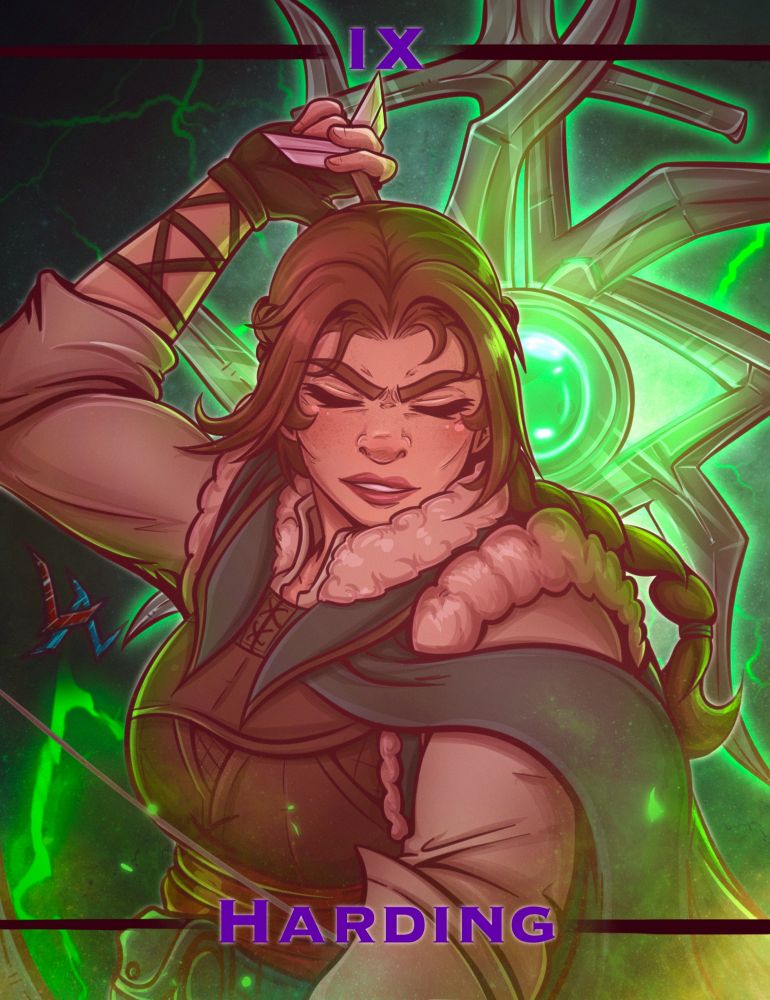 Lace Harding from Dragon Age Inquisition and Dragon Age The Veilguard, readying her bow and arrow. The Inquisition symbol looms in the background.