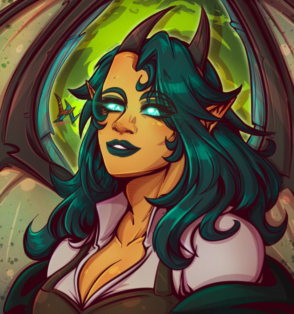 A golden tiefling with dark green hair. Her head is tilted up in curiousity, a green coat sliding off her shoulders. The background is large covered by her wings.