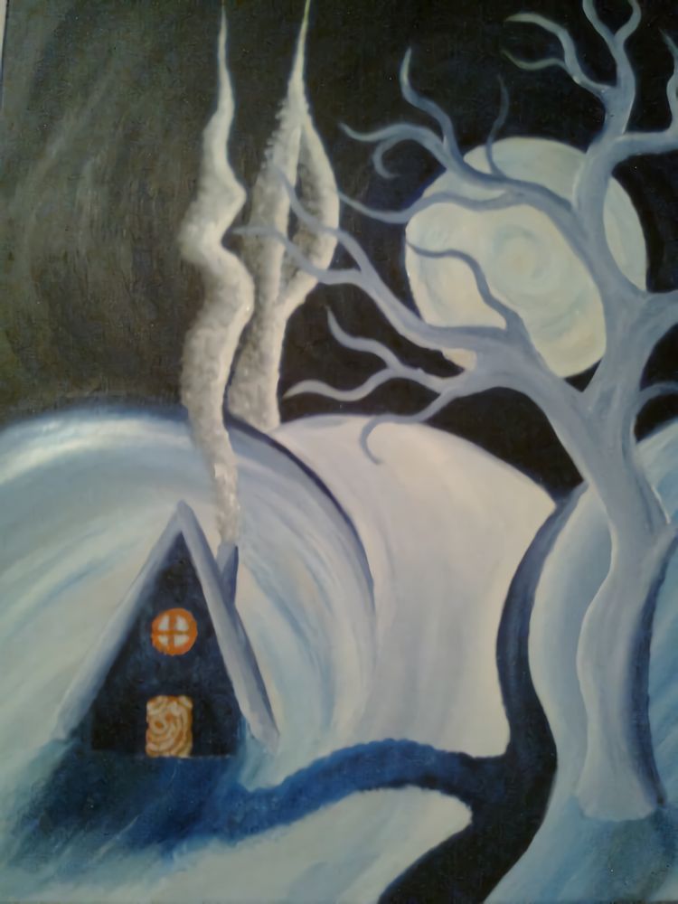 Abstract snow-covered landscape featuring a small hut with orange detailing and a bare tree. Two smoke spires rise from the hut and the hill behind it, forming the letters “S” and “P.” The scene is rendered mainly in black, white, and blue. 