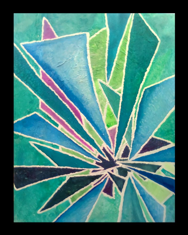 Acrylic on canvas: Multiple triangle shapes converging in the bottom right, reminiscent of icicles or shards of glass. The colours include cyan, teal, turquoise and lime green with a smattering of magenta and mauve.