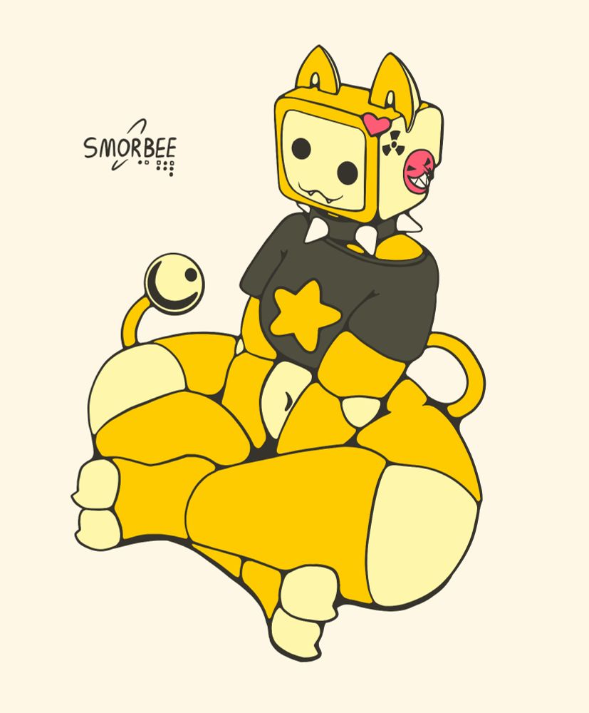 thingy, a yellow cat-like robot creature wearing a black shirt with a yellow star on it, sitting