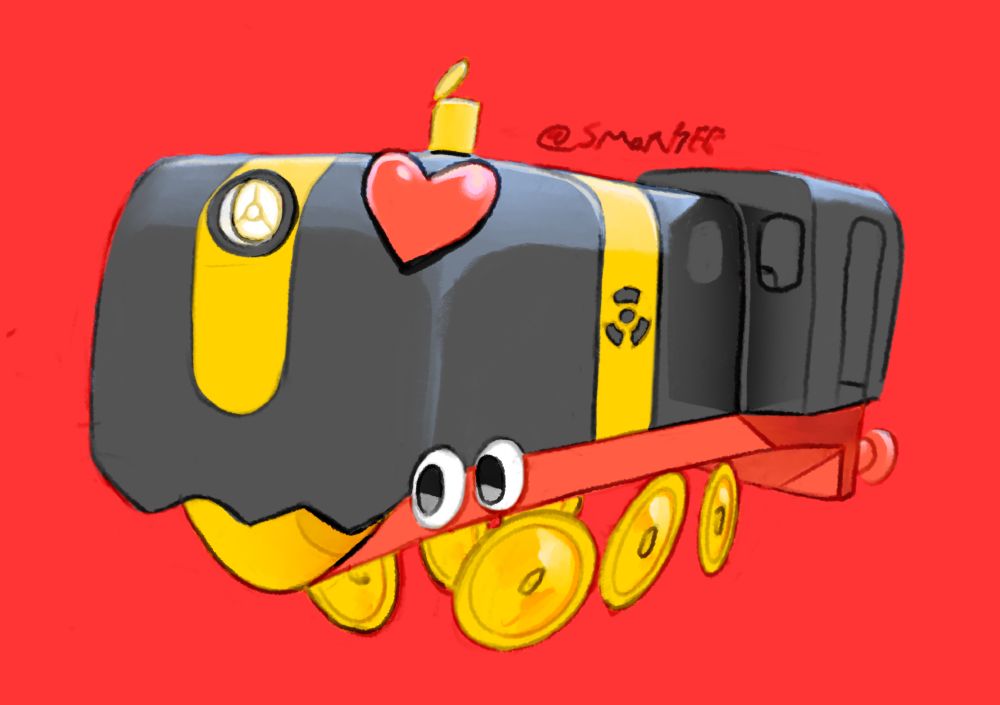 A black, yellow, and red train on a red background. The train has a nuclear warning symbol on it’s side.