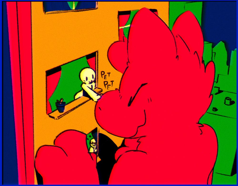 Ruby (They/them) with their snout up to the window of a tall building, with someone leaning out the window to pet them.