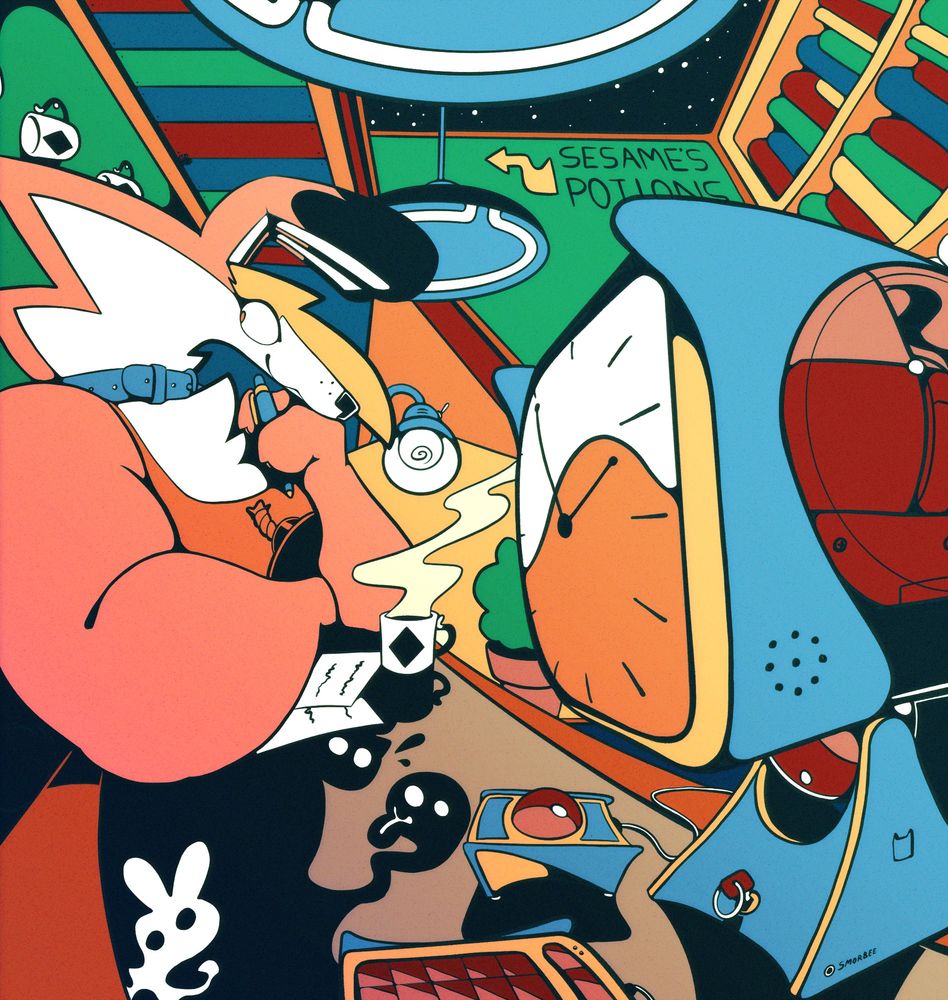 Lilko (ae/aer), a pink anthropomorphic kangaroo, sits at a counter. To aer right is a blue computer monitor. The background shows a glimpse of various objects in the room, including hanging coffee mugs, a lamp, and a large bookshelf. A ramp leads to a second story balcony with a sign that says “Sesame’s Potions”, pointing up the ramp. Reflected in the countertop under Liliko are the silhouettes of 3 ghost-like entities.