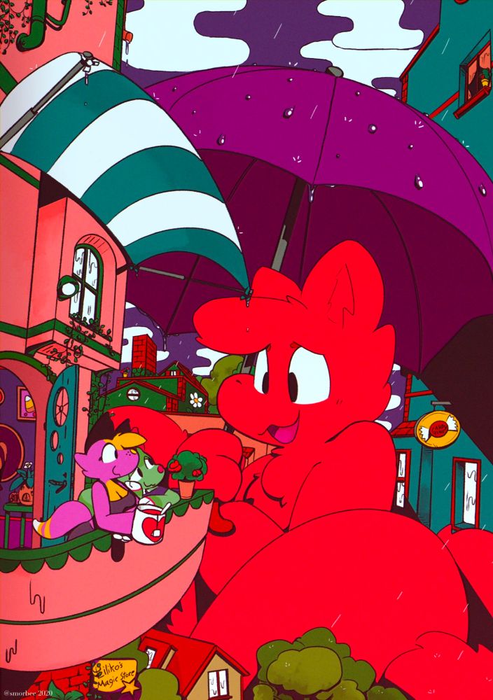 Liliko (ae/aer) and another green kangaroo are on a balcony and conversing with the very large Ruby (they/them), who is holding an equally large purple umbrella to keep dry in the rain.