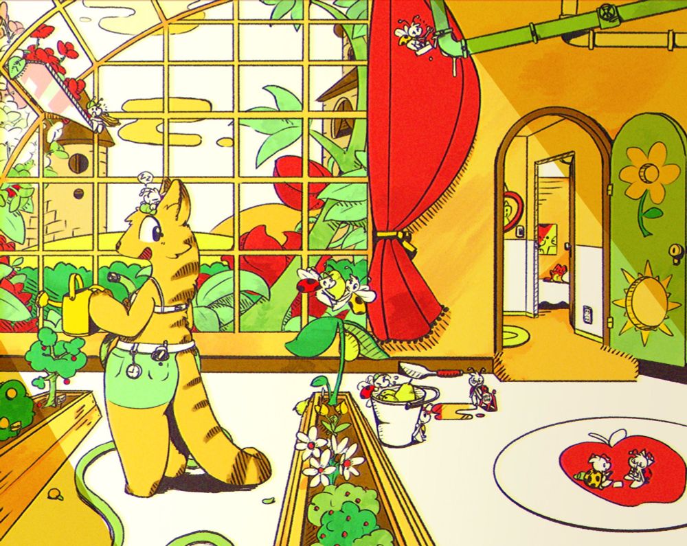 A fella tends to an indoor garden, aided by many small creatures