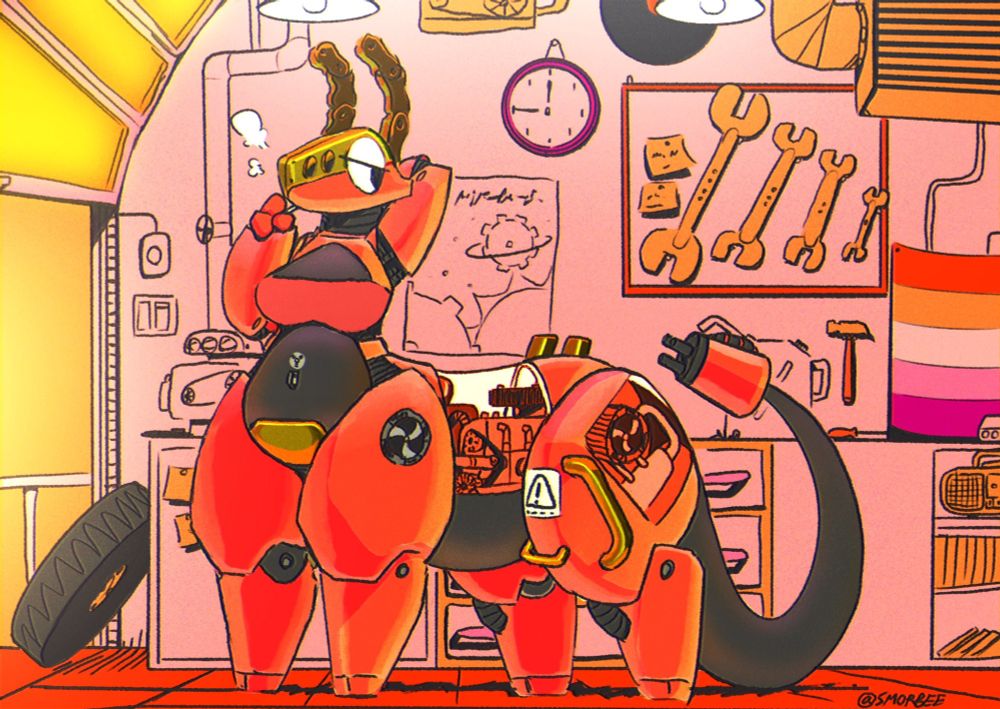 A red, black, and gold robot taur stands in the center of a garage, surrounded by tools and posters and other such things.