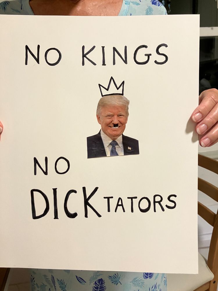 Sign that says No Kings No DICKtators with a pic of Trump and a Hitler mustache hastily drawn on 
