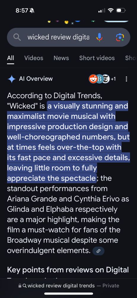 A google search for “wicked review digital trends” triggers an AI overview that summarizes a review that does not exist.