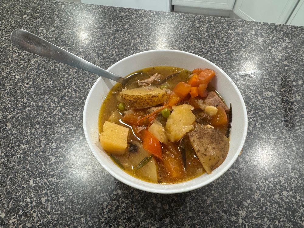 A pork stew sits in a bowl on a table.