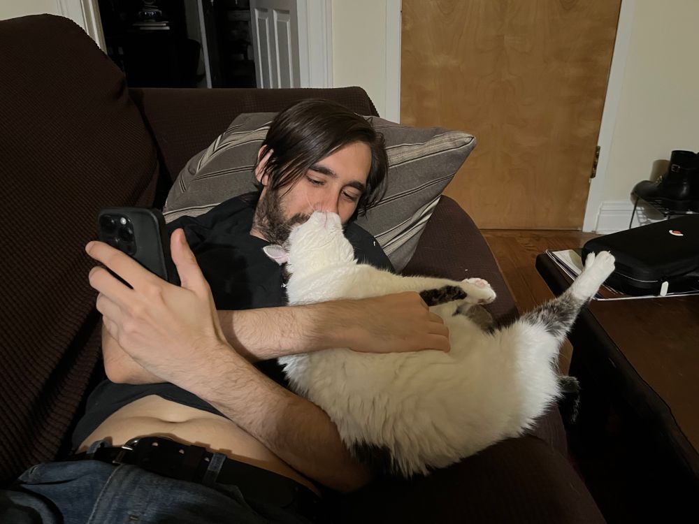The cat is in the same position but she is now turned towards the man holding and pressing her nose to his.