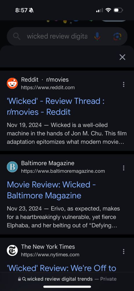 The cited links for the summary shown in the last screenshot includes links to Reddit, Baltimore Magazine, and the New York Times, but not Digital Trends.