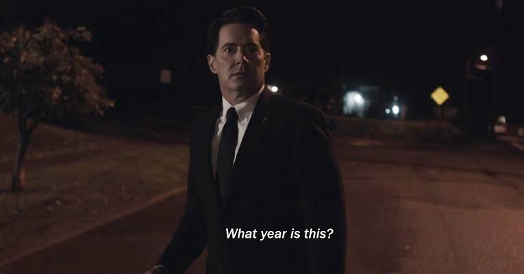 A screenshot from Twin Peaks The Return, where Dale Cooper is saying “what year is this?”