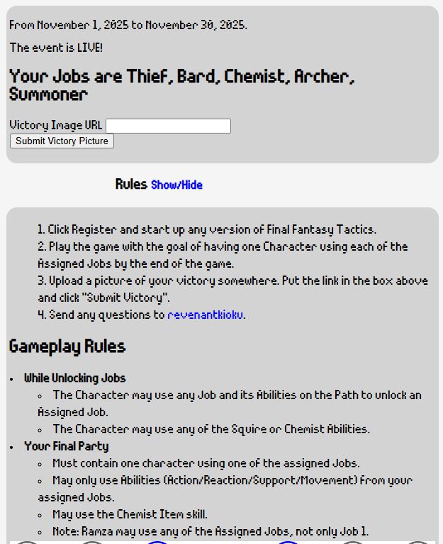 Imagem das regras do Evento Five Jobs Fiesta para Final Fantasy Tactics. Eu fui sorteado pra fazer time com Thief, Bard, Chemist, Archer e Summoner. 