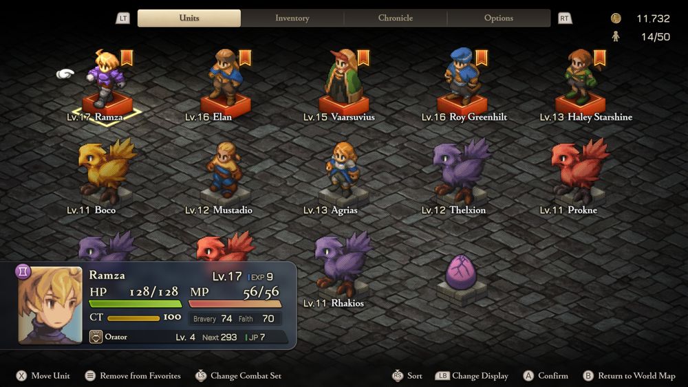 Captura de tela do jogo Final Fantasy Tactics. 

Imagem mostra a tela de unidades, com Ramza (Orator), Elan (Bard), Vaarsuvius (Summoner), Roy Greenhilt (Chemist) e Haley Starshine (Thief). Seus níveis variam de 13 a 17. 

Mustadio (nível 12) e Agrias (nível 13) estão na lista, assim como um chocobo amarelo, três chocobos pretos, e dois chocobos vermelhos, além de um ovo rachado. 